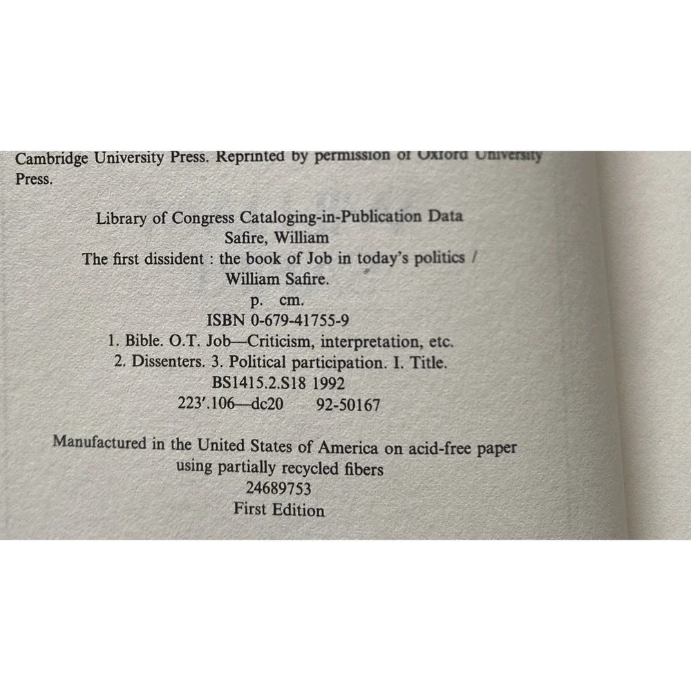 The First Dissident: The Book of Job VTGSafire, William 1st Edition 1st Printing